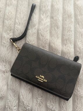 Coach Dark Brown Signature Wristlet Clutch with Gold Hardware